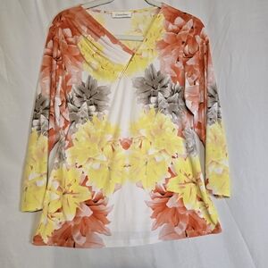Calvin Klein Women's Floral V-Neck Top - Orange, Yellow, Gray